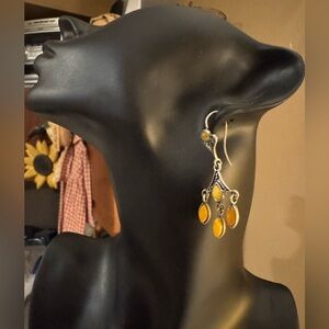 925 Solid Sterling Silver Yellow Baltic Amber Filigree Chandelier Nice Earrings